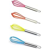 Mini Whisks 6 inch 4Pcs silica gel stainless steel Whisk, Hand Egg Mixer for Flour Cake Egg, Kitchen Cooking Baking Use Whisk （red，yellow，orange，blue）