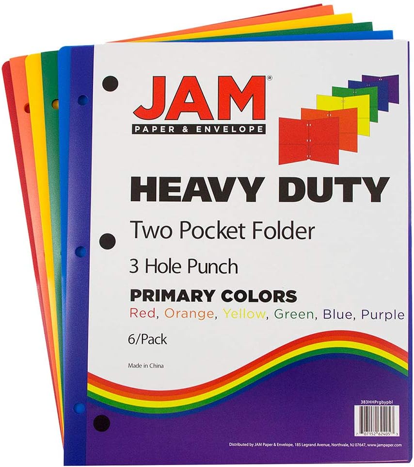 JAM PAPER Heavy Duty Plastic 3 Hole Punch School Folders with Pockets - Assorted Primary Colors - 6/Pack : Office Products