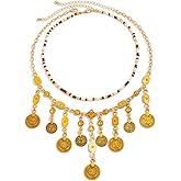 QRH Gypsy Bohemian Coin Pendants Necklace Layered Boho Coins Pirate Necklaces Gold Coin Tassel Statement Necklace Bohemian Gypsy Costume Jewelry for Women
