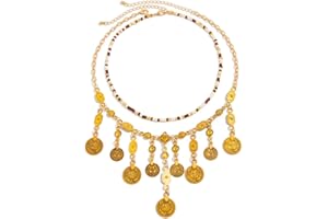 QRH Gypsy Bohemian Coin Pendants Necklace Layered Boho Coins Pirate Necklaces Gold Coin Tassel Statement Necklace Bohemian Gy