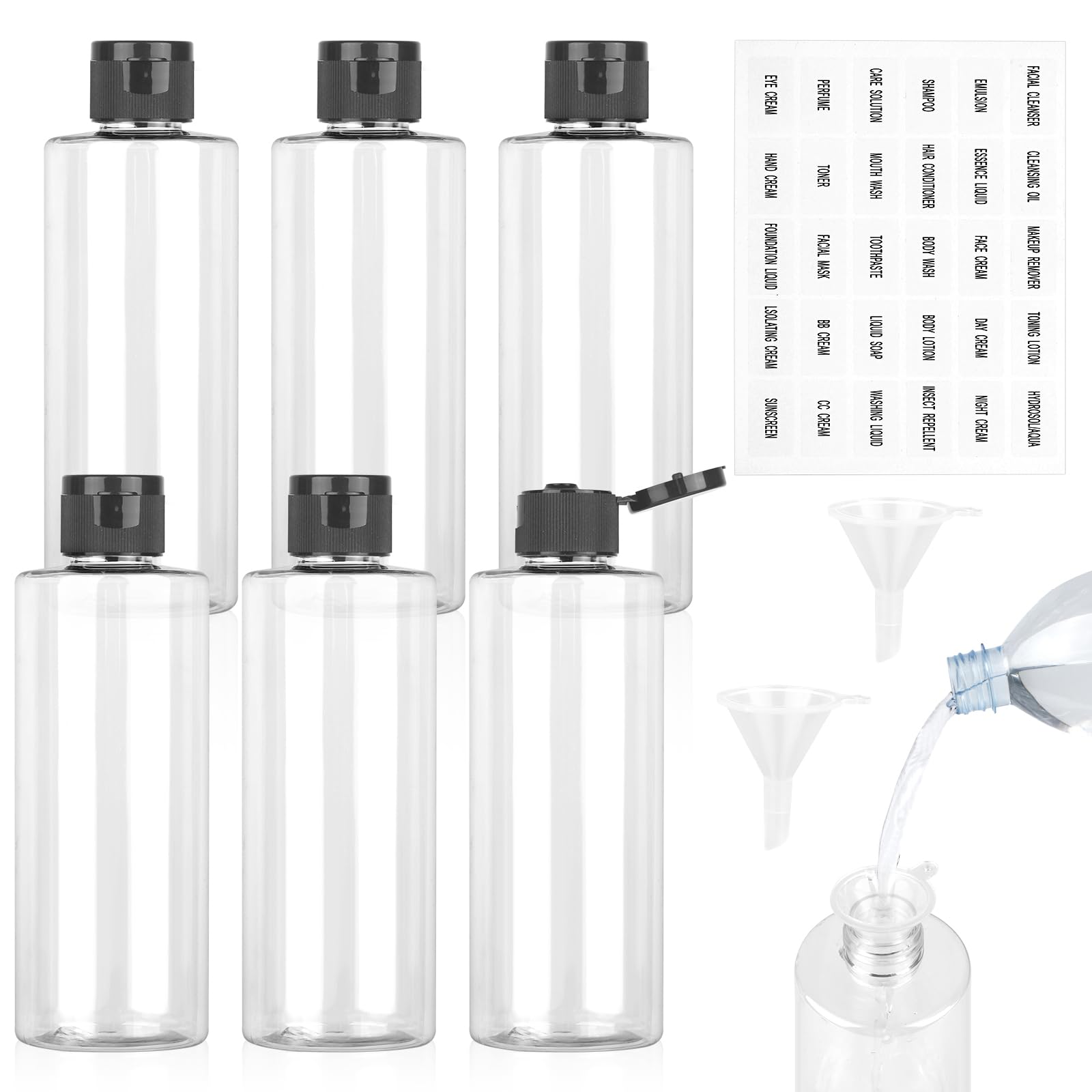 GHVACZS 250 ml Travel Bottles Set with Flip Cap, 6 Pieces Travel Bottles for Filling, Empty Dispenser, Plastic Bottle Set with Funnel and Labels, Filling Bottles for Cosmetics (Transparent)