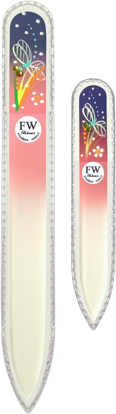 Crystal Glass Nail Files Hand Painted - Gift Set of 2 Butterfly - Original Czech Quality - for Natural and Acrylics Nails (Pink-Purple)
