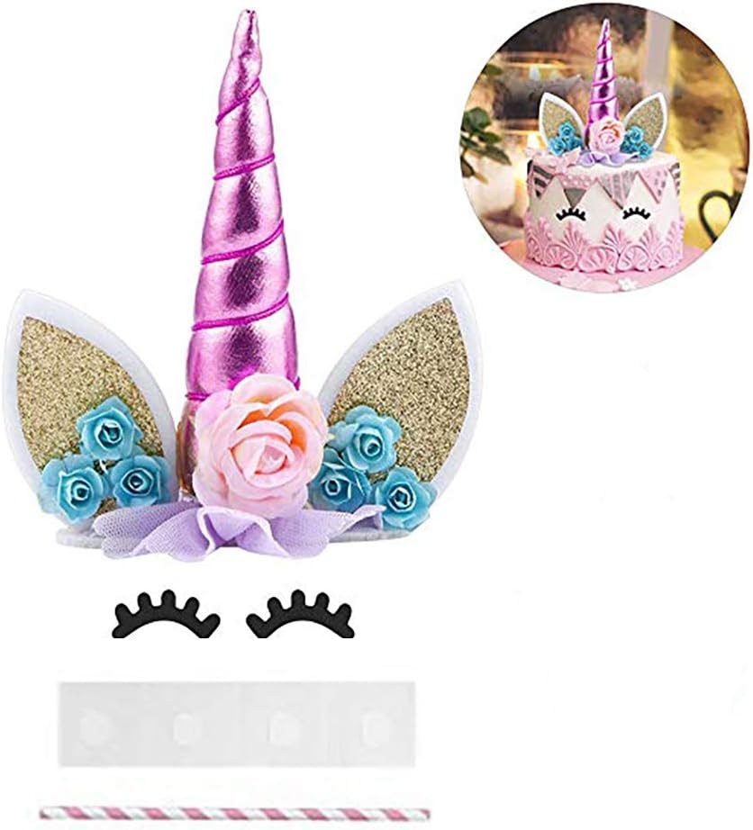 India Pioneer Cake Topper Unicorn Party Supplies Decoration Kit for Birthday, Baby Shower and Wedding- Reusable. Unicorn Horn,Ears and Flowers