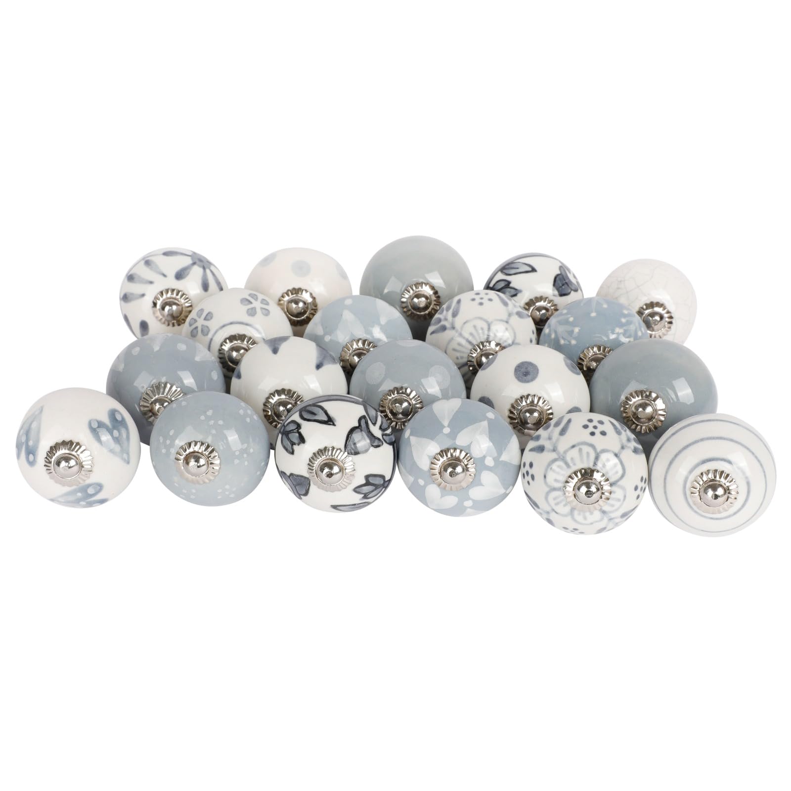 Art Of Creation Grey and White Ceramic Door Knobs Flower Assorted Handmade Design Vintage Look Shabby Chic Interior Cabinet Cupboard Drawers Pulls Handles (Pack of 20)