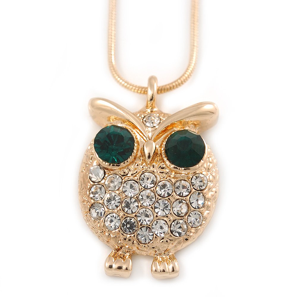 Avalaya Clear/Green Crystal Owl Pendant with Snake Type Chain In Gold Tone Metal - 46cm L/ 4cm Ext