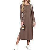 MISFAY Women Long Sleeve Midi Dresses 2025 Fall Side Slit Casual Crewneck Loose Long T Shirts Dress with Pockets