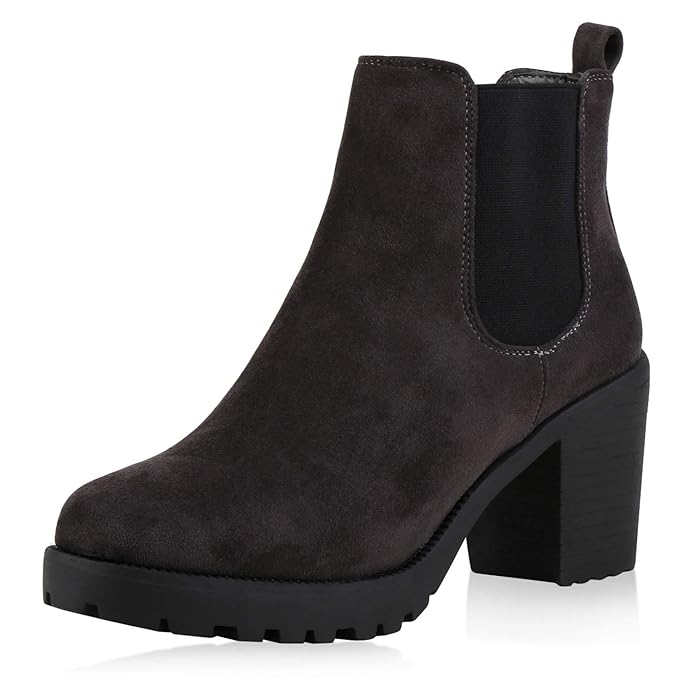 SCARPE VITA Damen Stiefeletten Chelsea Boots mit Blockabsatz Profilsohle