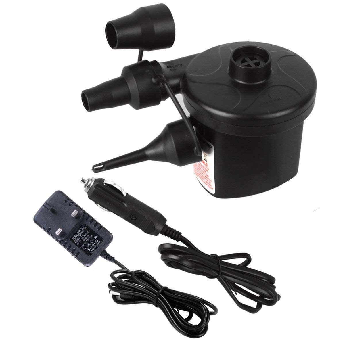 Concise house Electric Air Pump Two-way Air Pump with 3 Nozzles, 100-240V AC/12V DC 2 in 1 Portable Air Mattress Pump Universal Inflator Electric Pump for Inflatables Airbed Mattress Pump