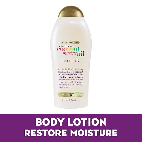 OGX EXTRA CREAMY + COCONUT MIRACLE OIL ULTRA MOISTURE BODY LOTION WITH VANILLA BEAN, FAST-ABSORBING BODY LOTION FOR ALL SKIN TYPES, PARABEN-FREE AND SULFATED-SURFACTANTS FREE, 19.5 OUNCE
