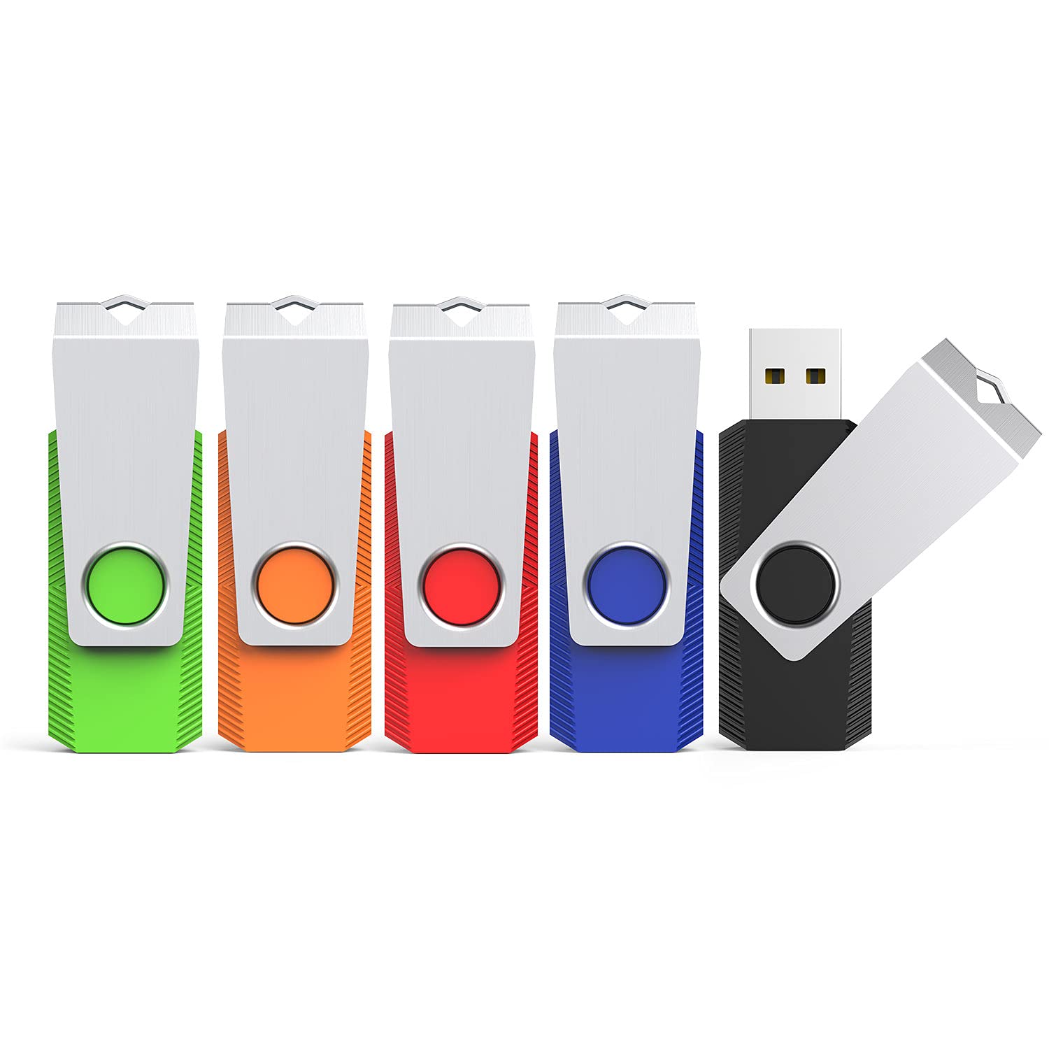 64GB USB Flash Drive 5 Pack USB Stick, KEXIN USB 2.0 Stick Swivel Memory Stick 64 GB USB Drive Metal Cap Pen Drive with LED Light Thumb Drive for Data Storage (Black, Green, Blue, Red, Orange) — image 1