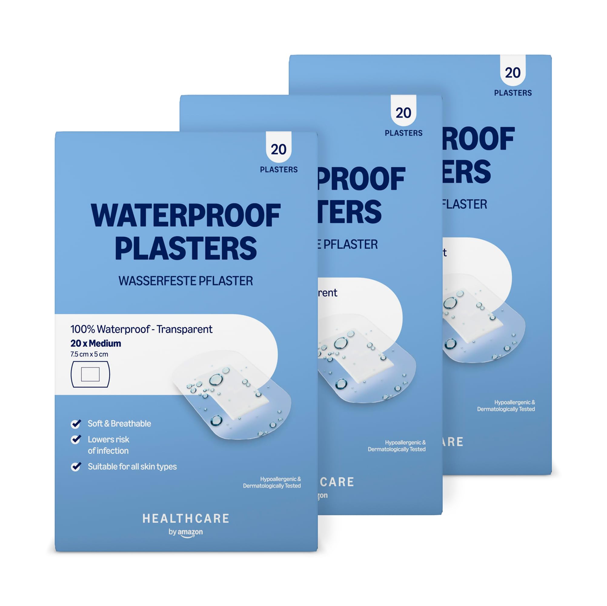 Healthcare By Amazon Waterproof Plasters, 60 Count (3 Packs of 20), 7.5 x 5cm (Previously an Amazon Basic Care Brand, Same Product)