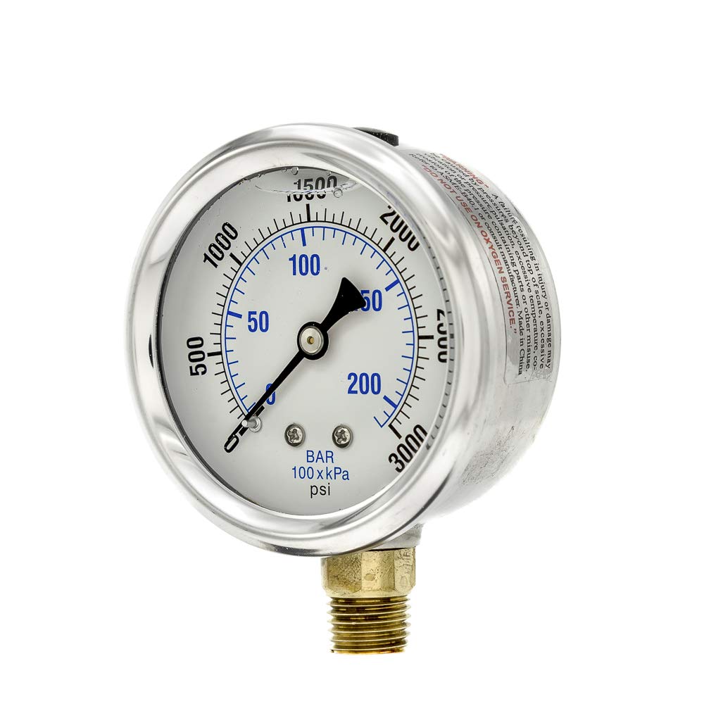 PIC Gauges PRO-201L-254P 0-3000 PSI Pressure Gauge, 2 1/2" Dial, 1/4" Male NPT Connection, Bottom Mount, Dual Scale, Glycerin Filled, Stainless Steel Case/Bezel, Brass Internals & Plastic Lens, 0/10000