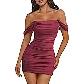 Trendy Queen Womens Mesh Off The Shoulder Ruched Mini Dresses Summer Party Bodycon Short Dress