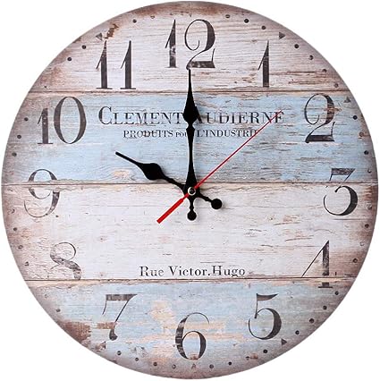 Home Wall Clock Rustic Wood Board Barn Grey Blue 12 Inch Silent