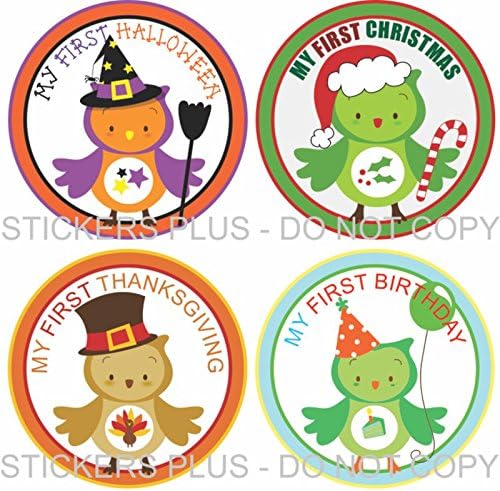 Neutral Baby Girl or Boy First Holiday Stickers Baby Milestone Stickers Owls II First Christmas First Birthday Halloween Easter Thanksgiving St. Patrick's Day Valentine's Day Easter