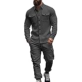 Men's Fleece Cargo Jacket Tracksuit Set 2 Pieces Solid Color Long Sleeve Button up Jacket and Cargo Pants Set