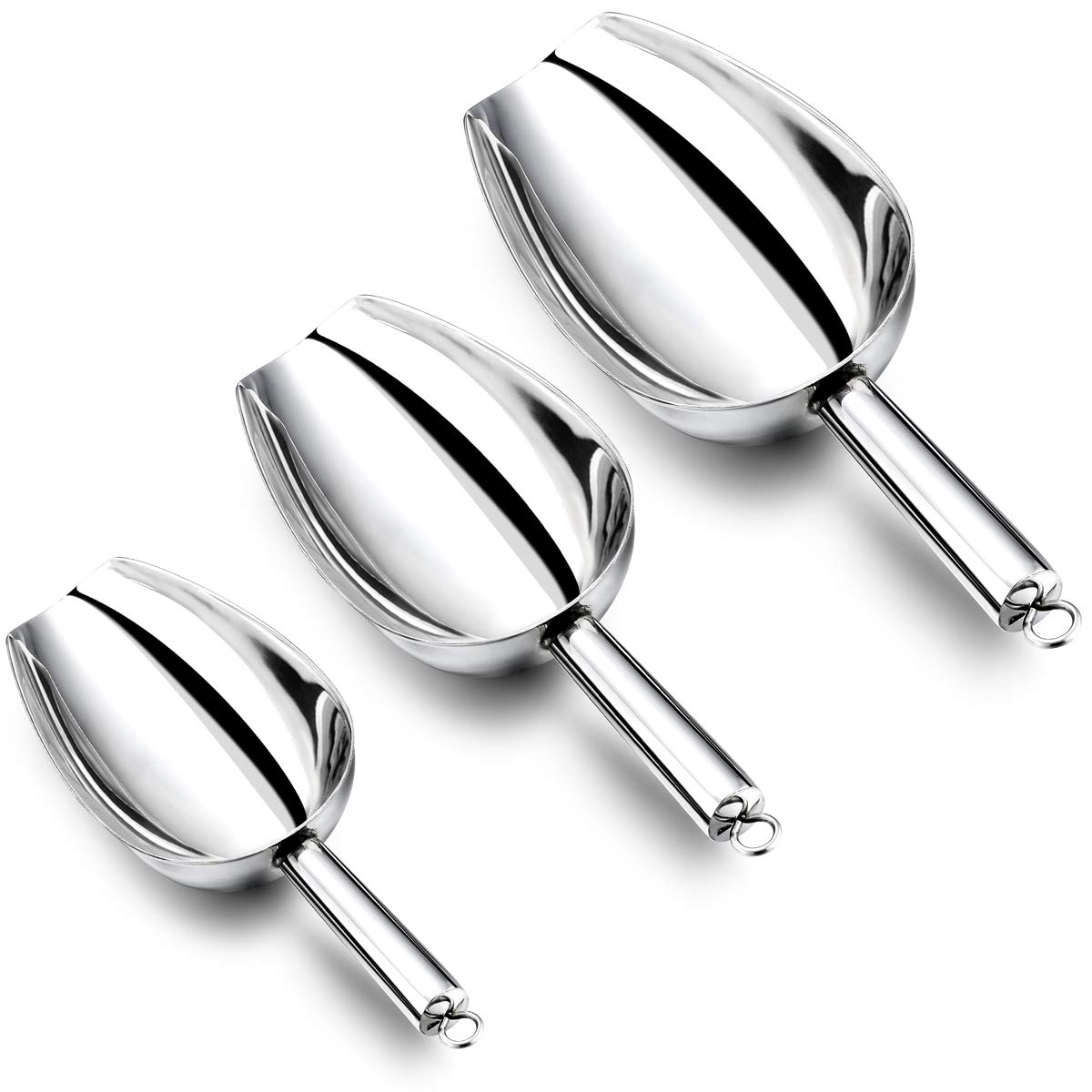 HaWare Stainless Steel Ice Scoop with 5/8/12 Ounce, Small Medium Large Metal Food Sweet Flour Scoop for Kitchen/Bar/Garden, Heavy Duty, Mirror Finished & Dishwasher Safe- 3 Pcs