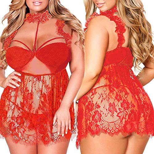 Farjing Lingerie for Womens Women Plus Size Eyelash Lace Ruffled Lace Mesh High Neck Babydoll Sexy Lingerie (3XL, Red)