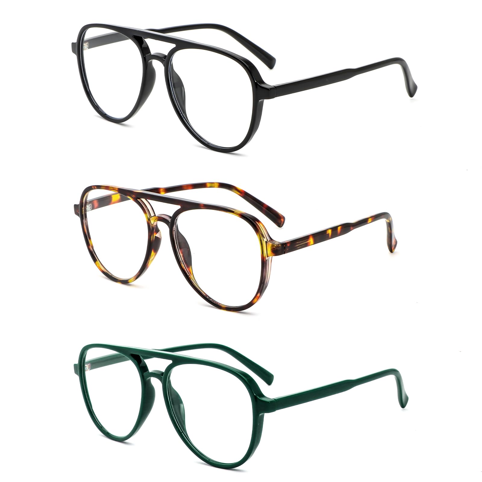 Photo 1 of MMOWW 3 Pack Oversized Aviator Reading Glasses for Women Men Retro Double Bridge Pilot Style Blue Light Blocking Computer Readers, Black/Tortoise/Green +1.0
