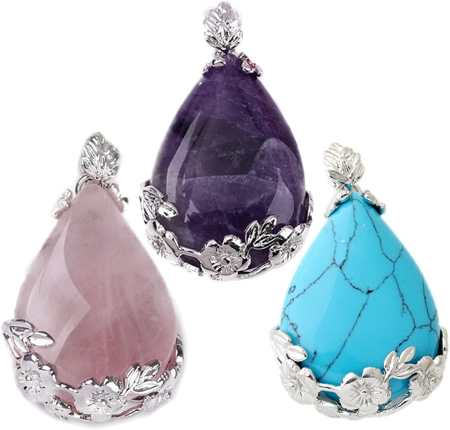 JS Direct 3pcs Natural Amethyst Rose Quartz Turquoise Teardrop Dangle Bead Pendant for Necklace Making