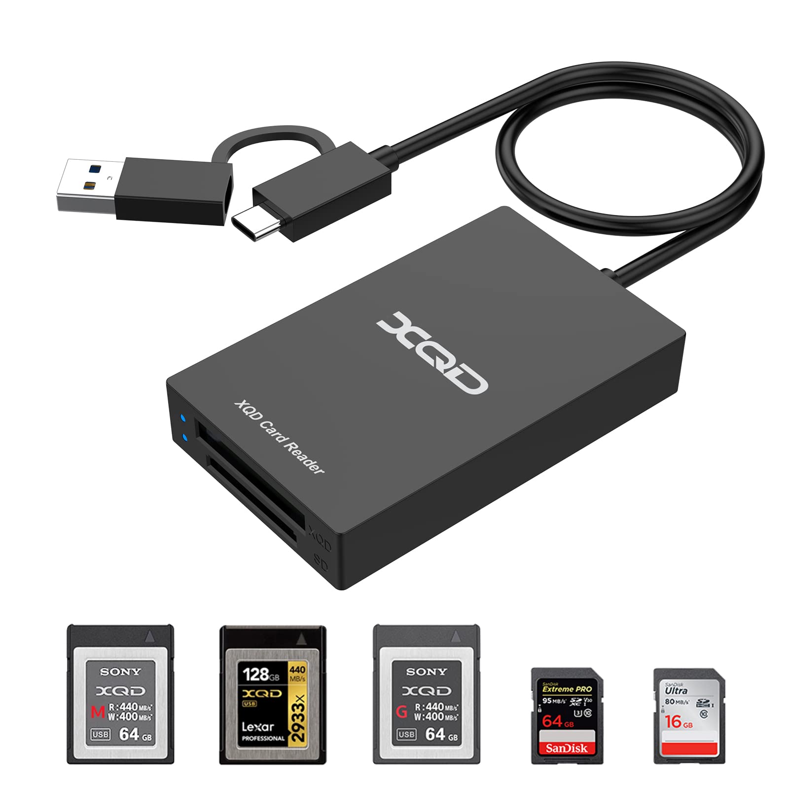 XQD SD Card Reader, USB 3.0 High-Speed Dual Slots XQD SD Memory Card Reader Adapter [USBA/USB-C] Compatible with Sony G/M Series、USB Mark XQD Card for Windows XP/Mac OS/Chrome OS/Linux,etc