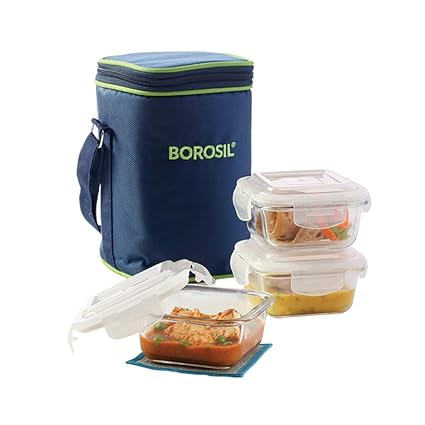 Borosil Klip N Store Microwavable Containers with Lunch Bag, 320ml, Set of 3, Clear