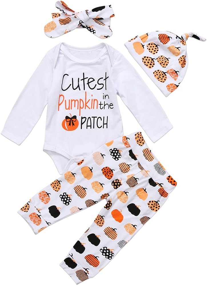 4Pcs Cute Infant Baby Girl Boy Halloween Thanksgiving Clothes Pumpkin Romper with Hat and Long Pants Outfits Set: Clothing