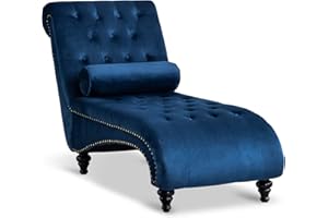 Paddie Velvet Button-Tufted Chaise Lounge Chair Leisure Sofa Couch w/Bolster Pillow, Nailhead Trim and Turned Legs for Indoor Living Room (Blue)