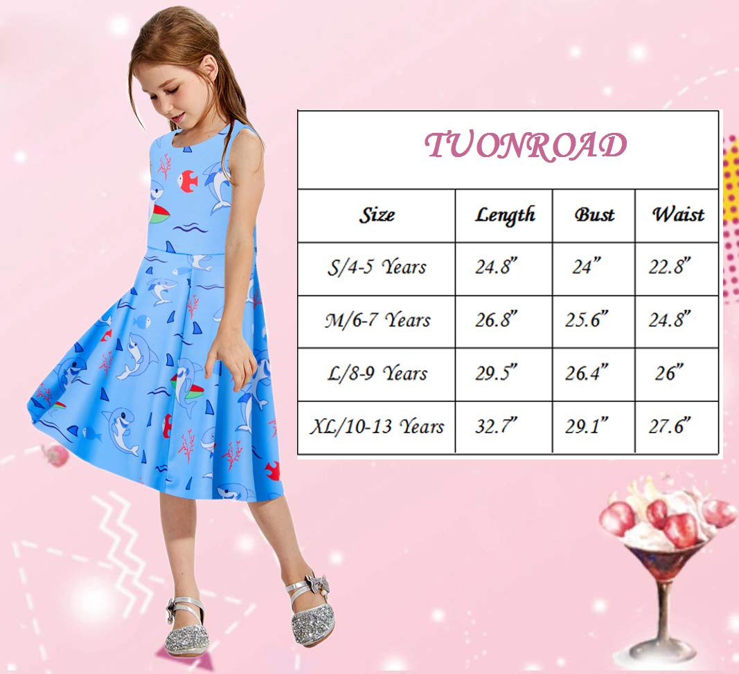 TUONROAD Girls Twirling Dress Big Skirt Knee-Length Vogue Dance Sundress Fish Shark Coral for Spring Summer Autumn Juniors Dresses 6T 7T(Shark,M)