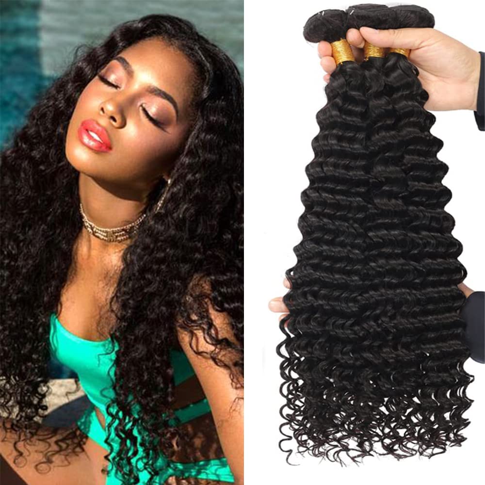 Brazilian Virgin Deep Wave Human Hair Bundles 100% Unprocessed Deep Curly Human Hair 3 Bundles Long Inch Deep Human Hair Weave Natural Color(18 20 22Inch) — image 1