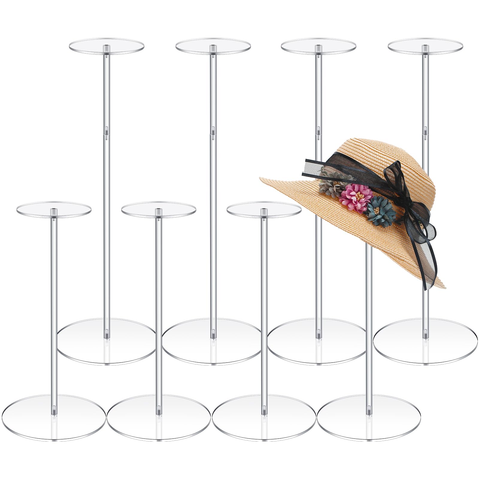 Photo 1 of Geetery 8 Pcs Acrylic Hat Stand 12" to 17" Adjustable Clear Wig Display Rack Height Table Hat Holder Pedestal With Round Barbell Base Organizer Acrylic Risers