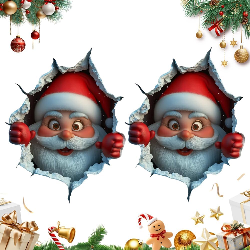 Photo 1 of 2PCS 3D Wall Breaking Santa Claus Sticker, Fun 3D Christmas Santa Claus Sticker for Door, Christmas Creative Wall Sticker with Realistic Breaking Wall Effect, Windows, Refrigerator and Furniture