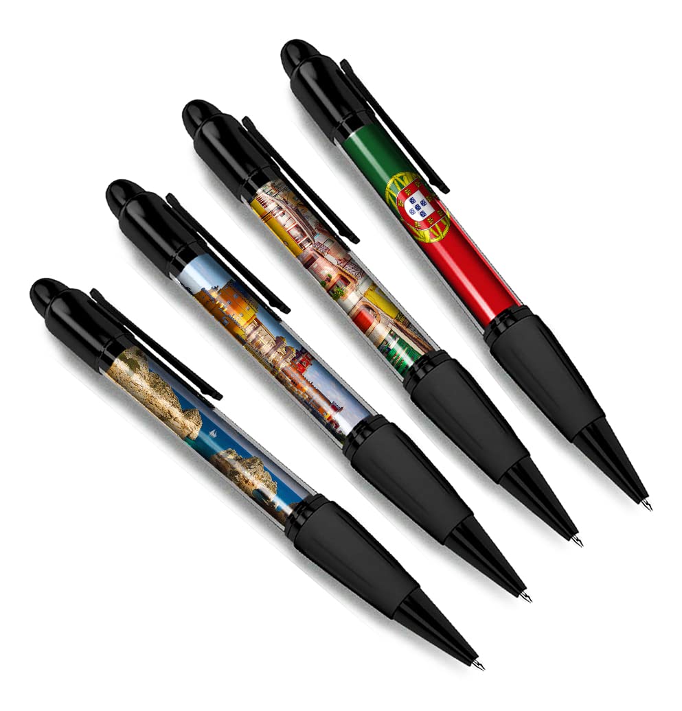 DV DESIGN Set of 4 Portugal Black Ballpoint Pens - Flag Portuguese Lisbon Algarve Travel Holiday Hobby Boys Girls Men Women Theme Pen #79403