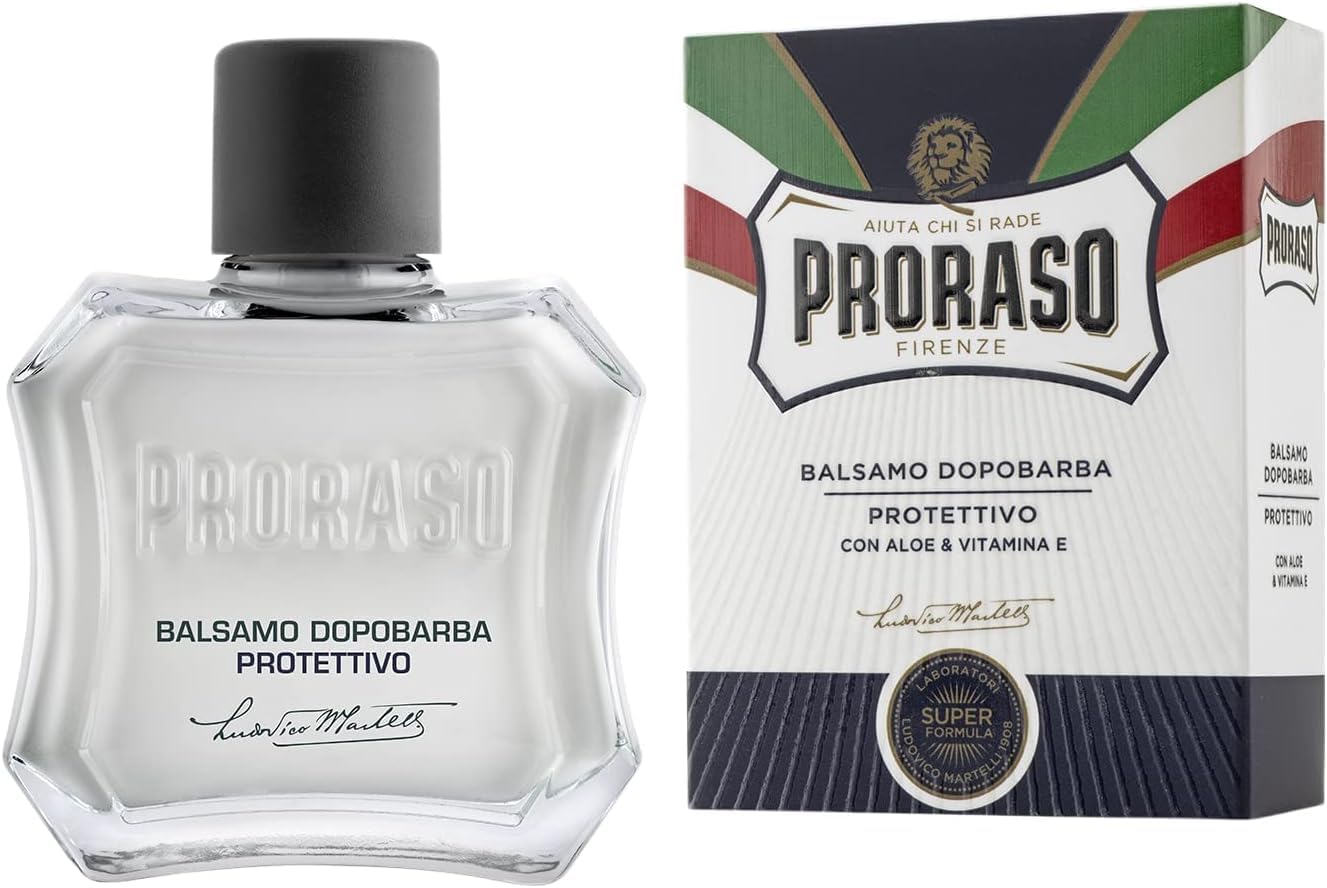 Proraso Aftershave Balm Protective, 100ml, Alcohol-Free Post Shave Balm with Aloe and Vitamin E Soothes and Protects Skin, Made in Italy, White