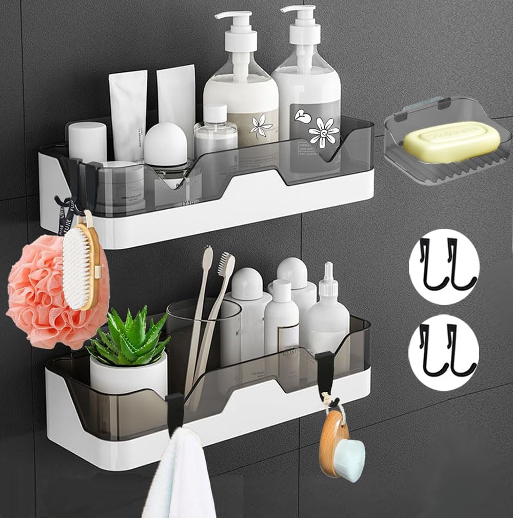 EigPluy Set of 2 Bathroom Shelves, No Drilling Shower Shelf, Wall Mounted Shower Baskets, Adhesive Bathroom Storage Rack for Bathroom/Kitchen