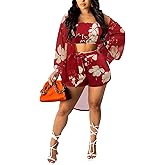 KEYUFANG Women 3 Piece Vocation Outfits Summer Suit Floral Kimono Cardigans Beach Cover Up Crop Cami Top Short Set