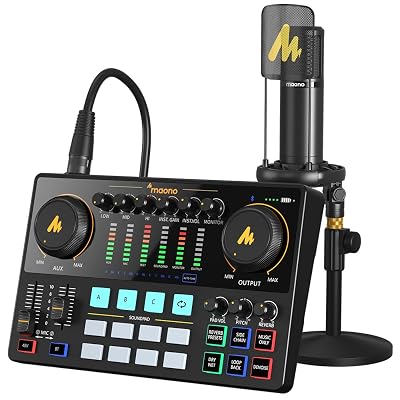 MAONO Podcast Equipment Bundle with Audio Interface and XLR Condenser Microphone, MaonoCaster with 48V Phantom Power, Bluetooth for Podcast, Streaming, Voice Over, Youtube, PC, Guitar (AME2A)