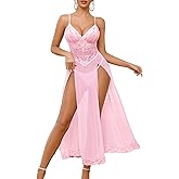 Avidlove Women Lingerie Dress Long Lace Babydoll Chemise Side Split Night Gowns V Neck Mesh Nightdress