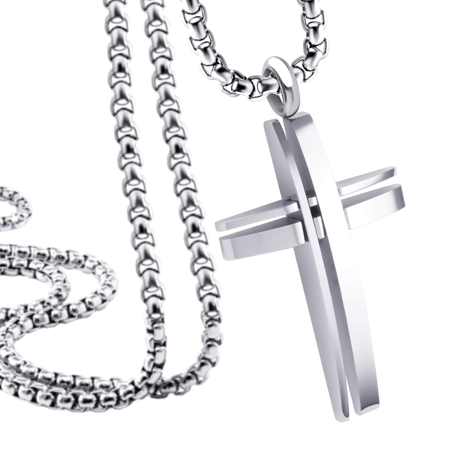 555Jewelry Stainless Steel Cross Necklace for Men, Grooved Half Dome Shape Polished Religious Crucifix Cross Pendant for Men & Women, Silver, Box Chain 16 Inches