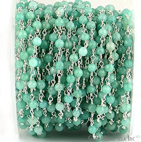 Wholesale 10 Feet Beautiful Aqua Jade, 4mm Silver Plated wire wrapped Rosary Chain by foot. (SPQJ-30017)