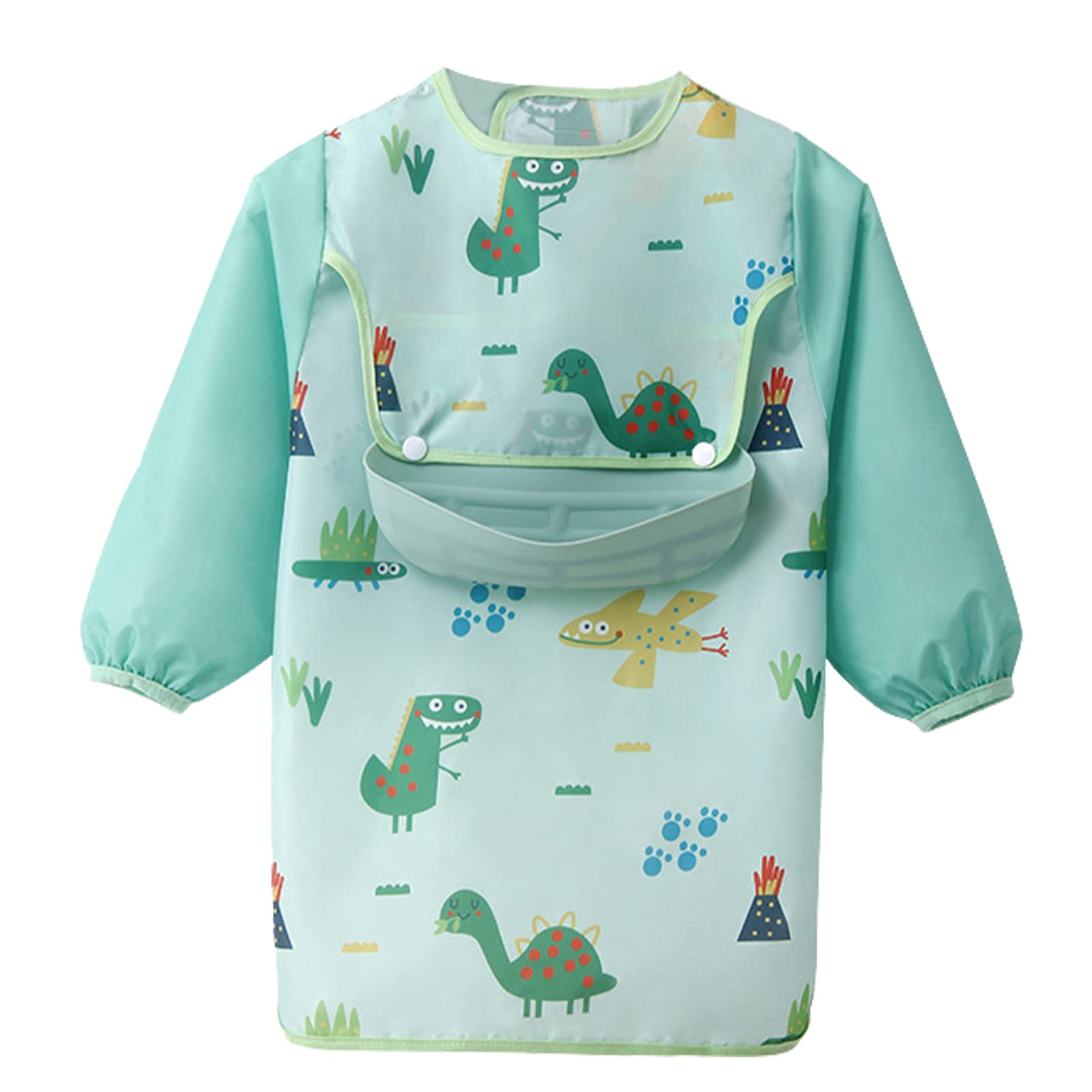 Happy Cherry Baby Long Sleece Bib with Detachable Silicone Kids Waterproof Feeding Apron Bibs Stain Odor Resistant Boys Girls Weaning Bibs Child Anti-Dressing Durable Dribble Smock Bibs 2-3 Years Old