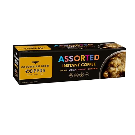 Colombian Brew Coffee Assorted Instant Coffee Box (Strong,Vanilla,Hazelnut,Cinnamon), 80g