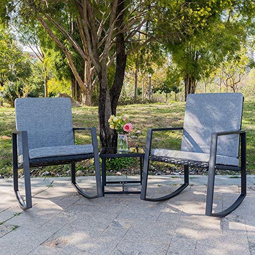 Bonnlo 3 Piece Rocking Wicker Patio Set, Outdoor Bistro Set Furniture, Patio Conversation Set Ra ...