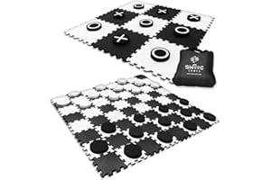 Swooc Games® - 2-in-1 Premium Giant Checkers & Tic Tac Toe Game (4ft x 4ft) - 100% High Density EVA Foam Mat & Pieces - Extra Large Checkers Set with Jumbo Checkerboard and Yard Size Tic Tac Toss