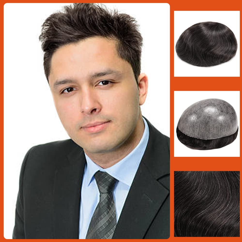 Zakya Men's Toupee 100% Human Hair Replacement System 8x10 Inches Off Black 1B+10% Grey — image 1