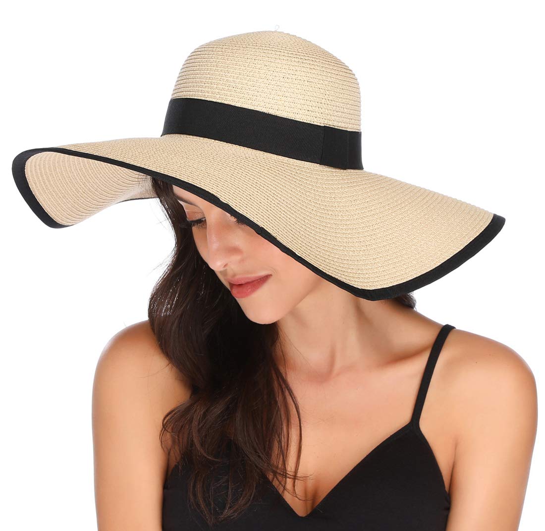 Lanzom Womens Wide Brim Straw Hat Floppy Foldable Roll up Cap Beach Sun Hat UPF 50+