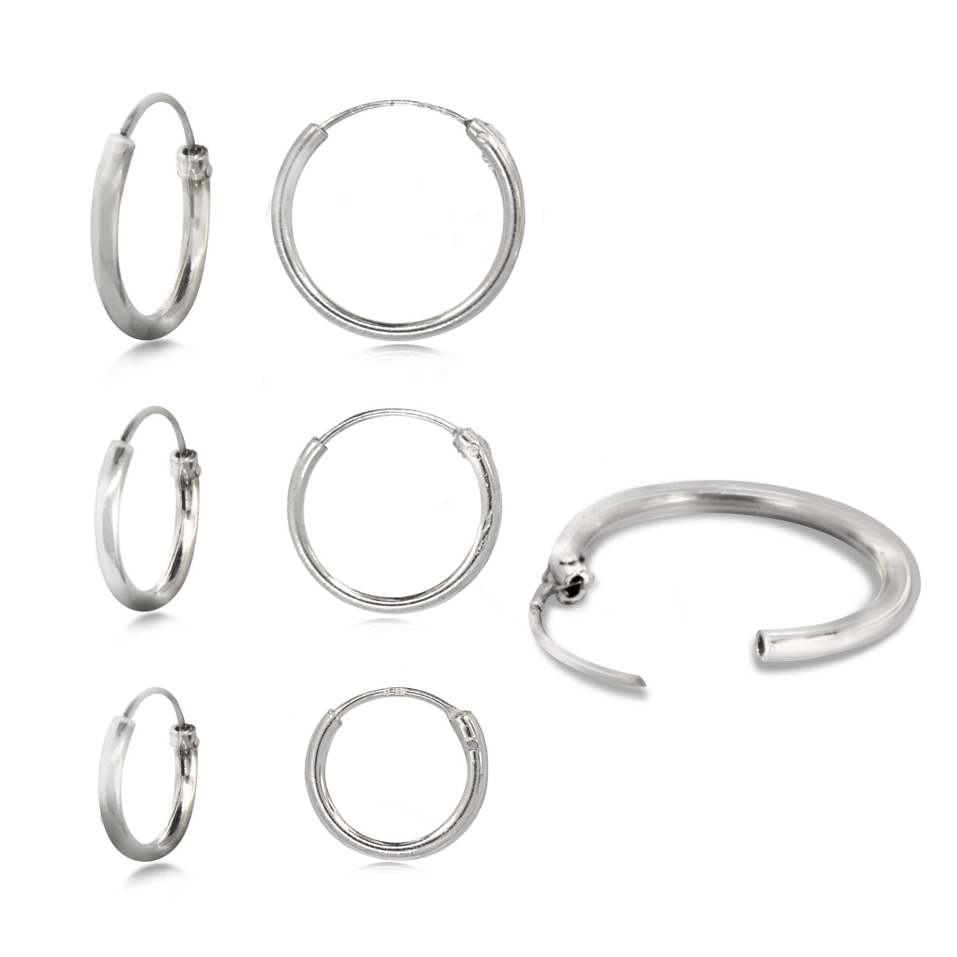TJS Hoop Earrings set of 3 Pairs 925 Sterling Silver Different Sizes 14mm / 12mm / 10mm, Hypoallergenic Nickel Free