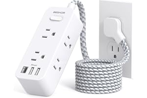 BESHON Flat Plug Power Strip, Flat Extension Cord, 5ft Ultra Thin Flat Plug Extension Cord - 6 AC with 3 USB Ports(1 USB C), Wall Mount, 3-Side Power Strip Surge Protector for Dorm Room Travel Essentials