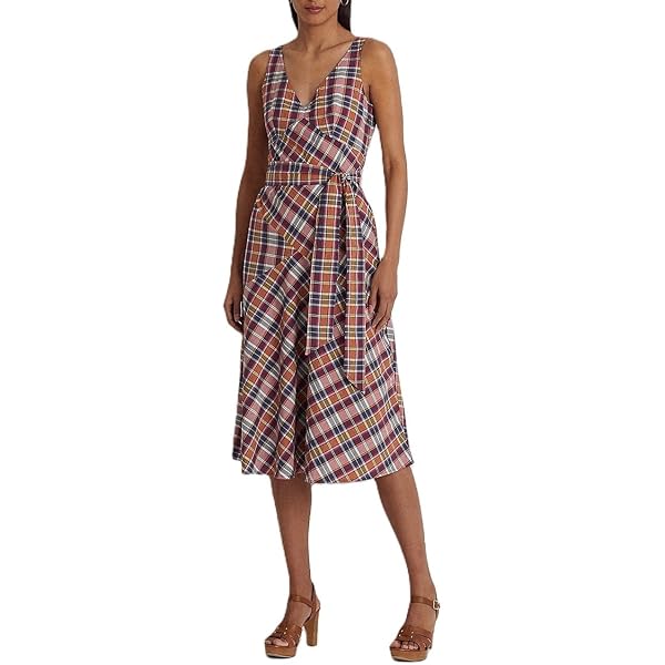 white christmas dresses Erma Drop Waist Linen Dress-Blue, Pink and Green Madras main image 0