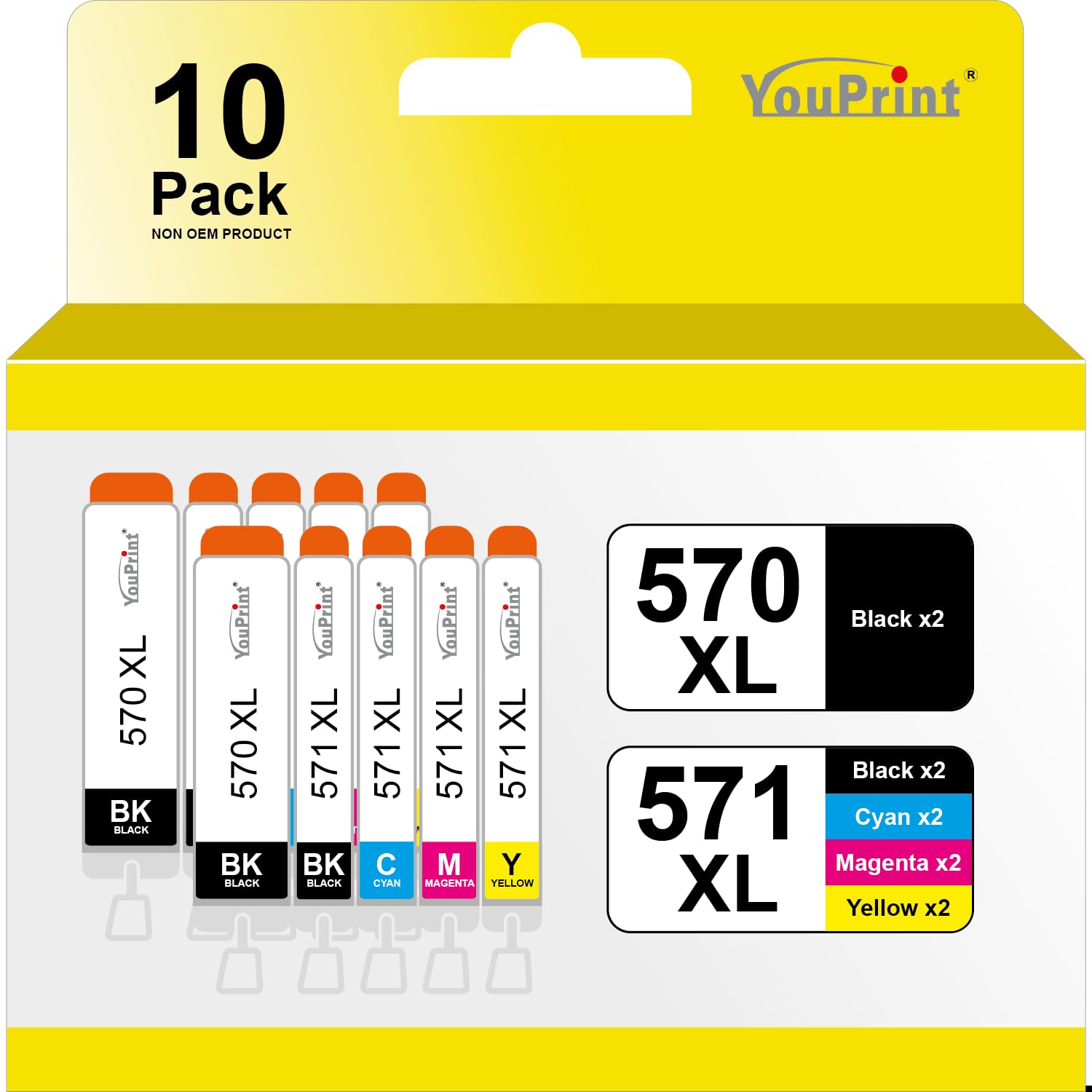 YouPrint 10 Compatible Printer Cartridges for Canon Pixma MG5750, MG5751, MG6850, MG7750, MG5750, MG5751, MG5752, MG5753, MG6850, MG6851, MG6852, MG7750, MG7751, TS50, TS50, Pack of 1, TS5051 TS5053, TS5055, TS6050, TS6051, TS6052, TS8050, TS8051, TS8052, TS8053, TS9050, TS9055 PGI-570BK XL, CLI-571C XL, CLI-571M XL, CLI-571Y XL and CLI-571BK XL with chip.